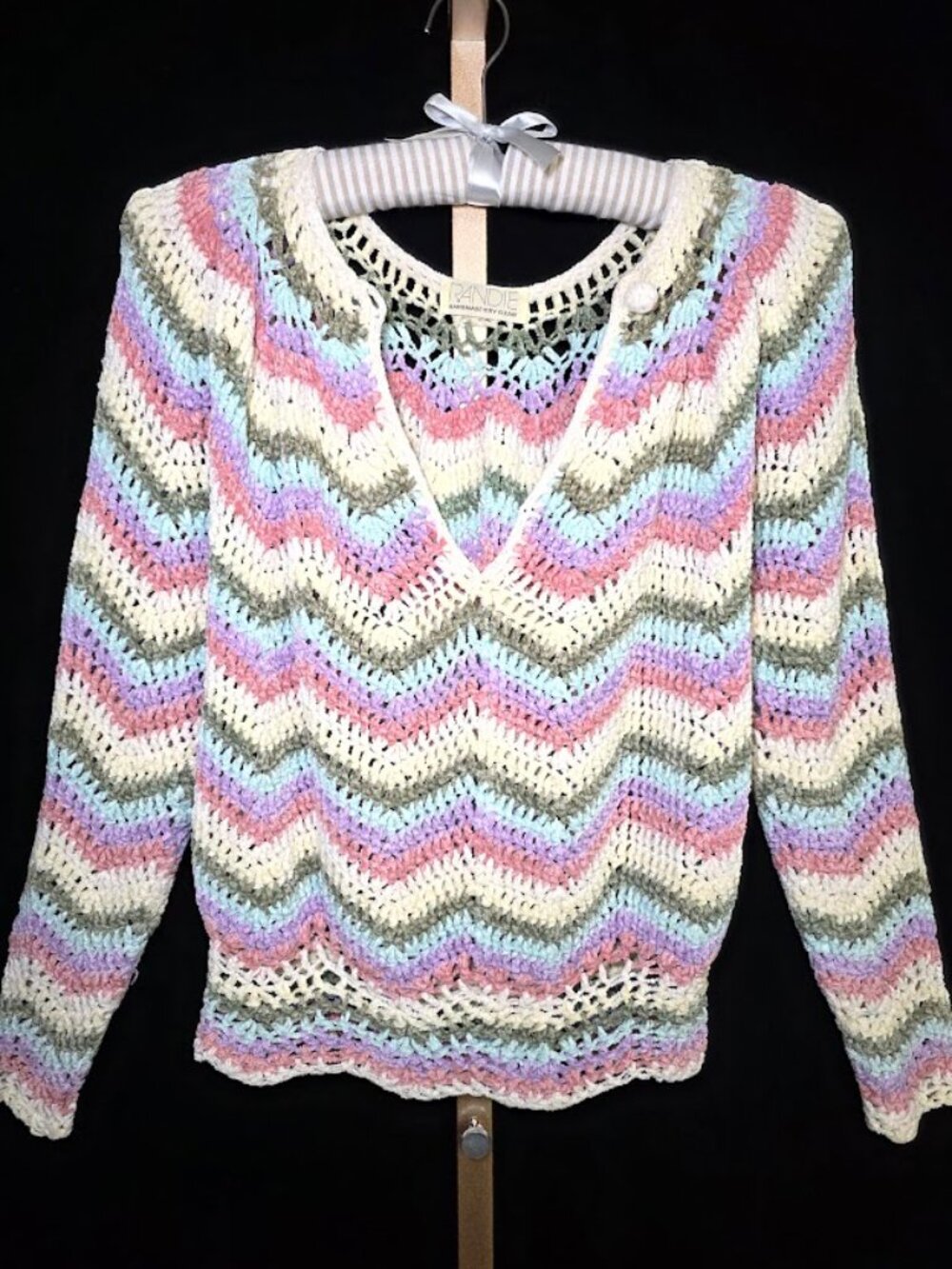 Women's Hand Knit Crochet Multi-Color Pastel Sweater